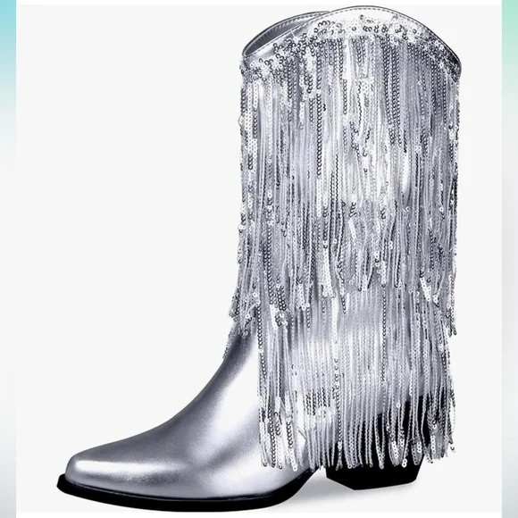 *NEW* TAYLOR SWIFT INSPIRED SILVER SEQUIN FRINGED COWBOY BOOTS 9.5 - Picture 6 of 9